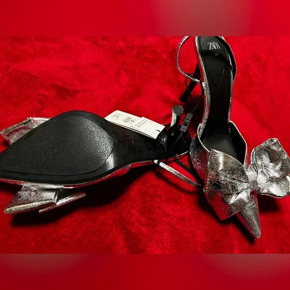 Zara Silver Metallic Slingback Heels with Bow - Picture 5 of 7